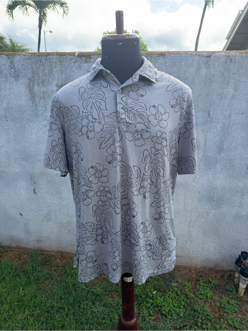 PreOwned Reyn Spooner Gray Polo Shirt Hawaiian Print Men's L
